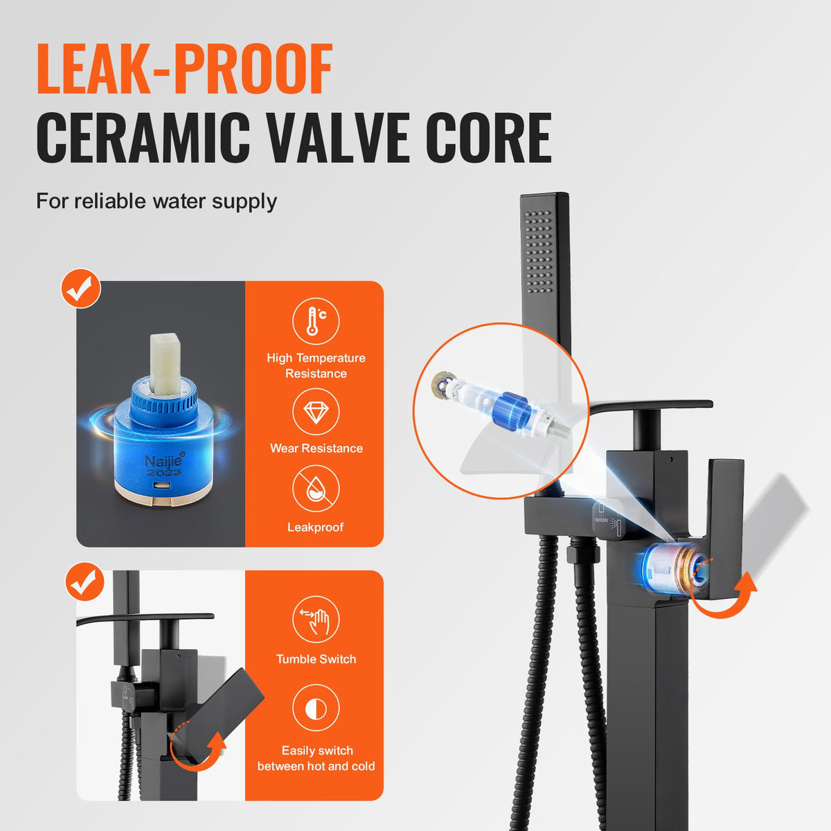 Freestanding Bathtub Faucet, Floor Mount, Freestanding Tub Filler, Shower Mixer Taps, Two Water Modes, 360 V952-PBKSLTSFXYGHC2R75V0