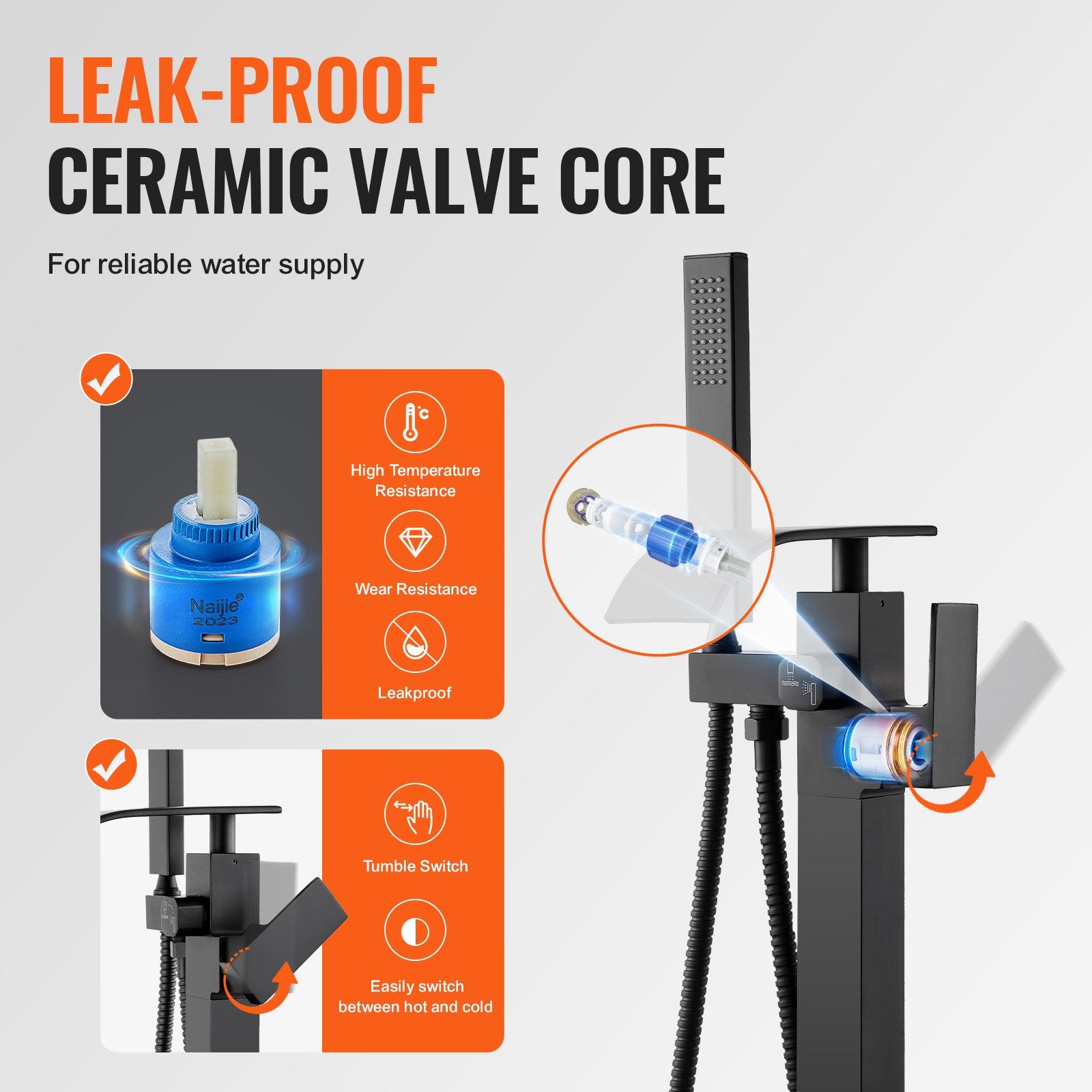 Freestanding Bathtub Faucet, Floor Mount, Freestanding Tub Filler, Shower Mixer Taps, Two Water Modes, 360 V952-PBKSLTSFXYGHC2R75V0
