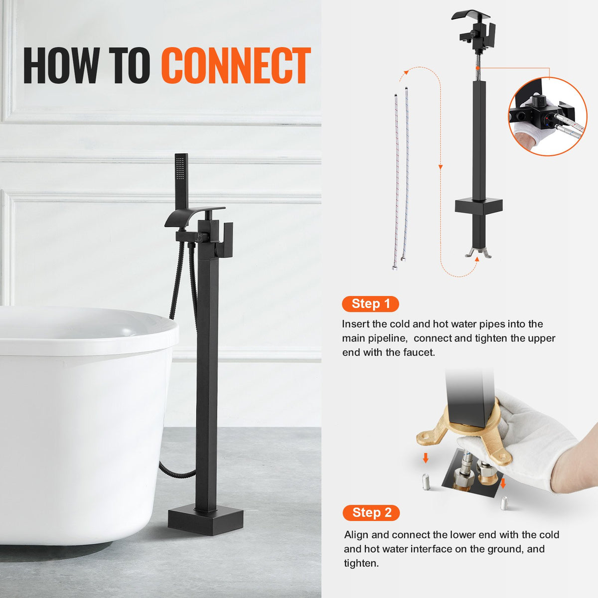 Freestanding Bathtub Faucet, Floor Mount, Freestanding Tub Filler, Shower Mixer Taps, Two Water Modes, 360 V952-PBKSLTSFXYGHC2R75V0