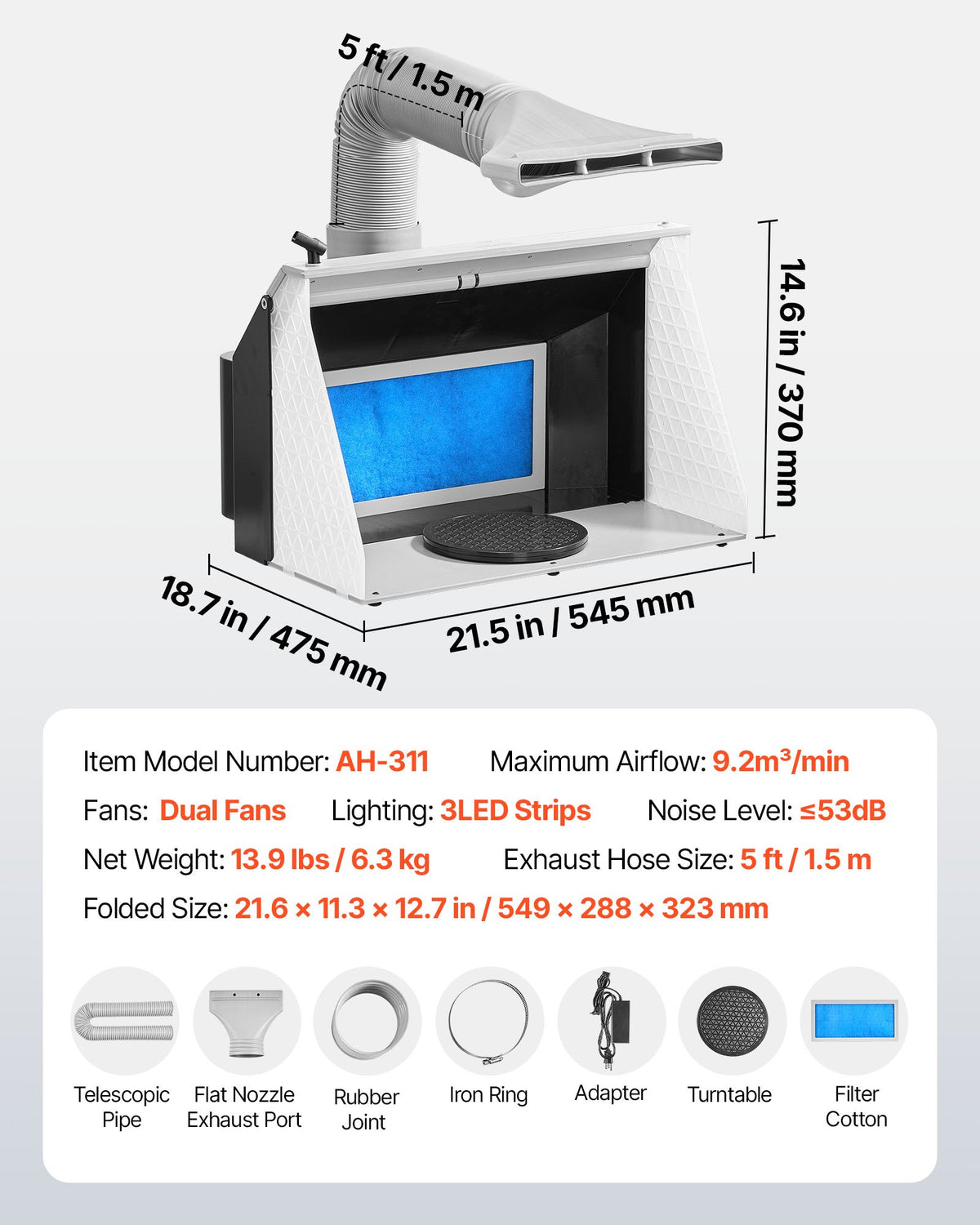 Airbrush Spray Booth, Dual Fans, 545 x 475 x 370 mm, Portable Hobby Airbrush Paint Spray Booth Kit with 3 LED V952-PBSPQFW56D491KUC3001V3