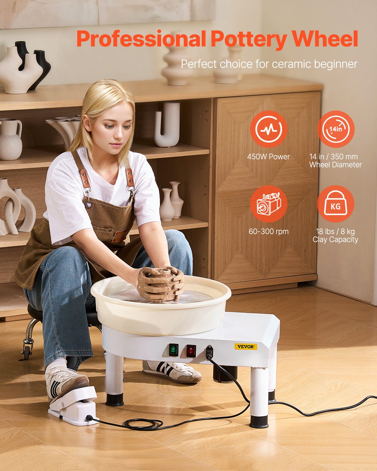 Pottery Wheel, 35 cm Ceramic Wheel Forming Machine, 60-300 RPM Speed Adjustable Foot Pedal, Adjustable Lift V952-PDSLPJ36CMBSL9JGJV3