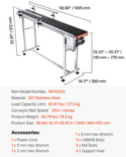Belt Conveyor, 1498.6 x 198.1 mm Conveyor Table Heavy Duty Stainless Steel Motorized Belt Conveyor for Inkjet V952-PDSSJ59X78INQJ12NV3