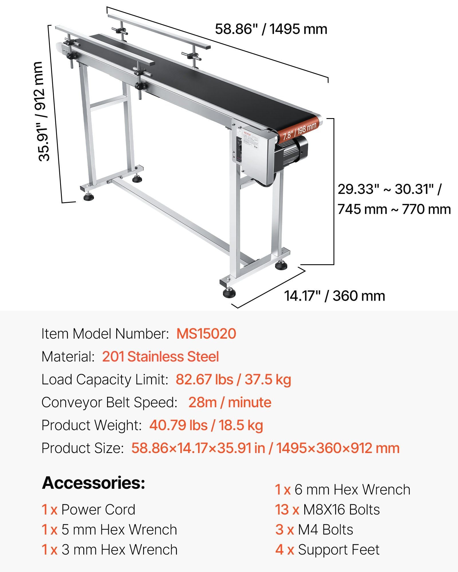 Belt Conveyor, 1498.6 x 198.1 mm Conveyor Table Heavy Duty Stainless Steel Motorized Belt Conveyor for Inkjet V952-PDSSJ59X78INQJ12NV3