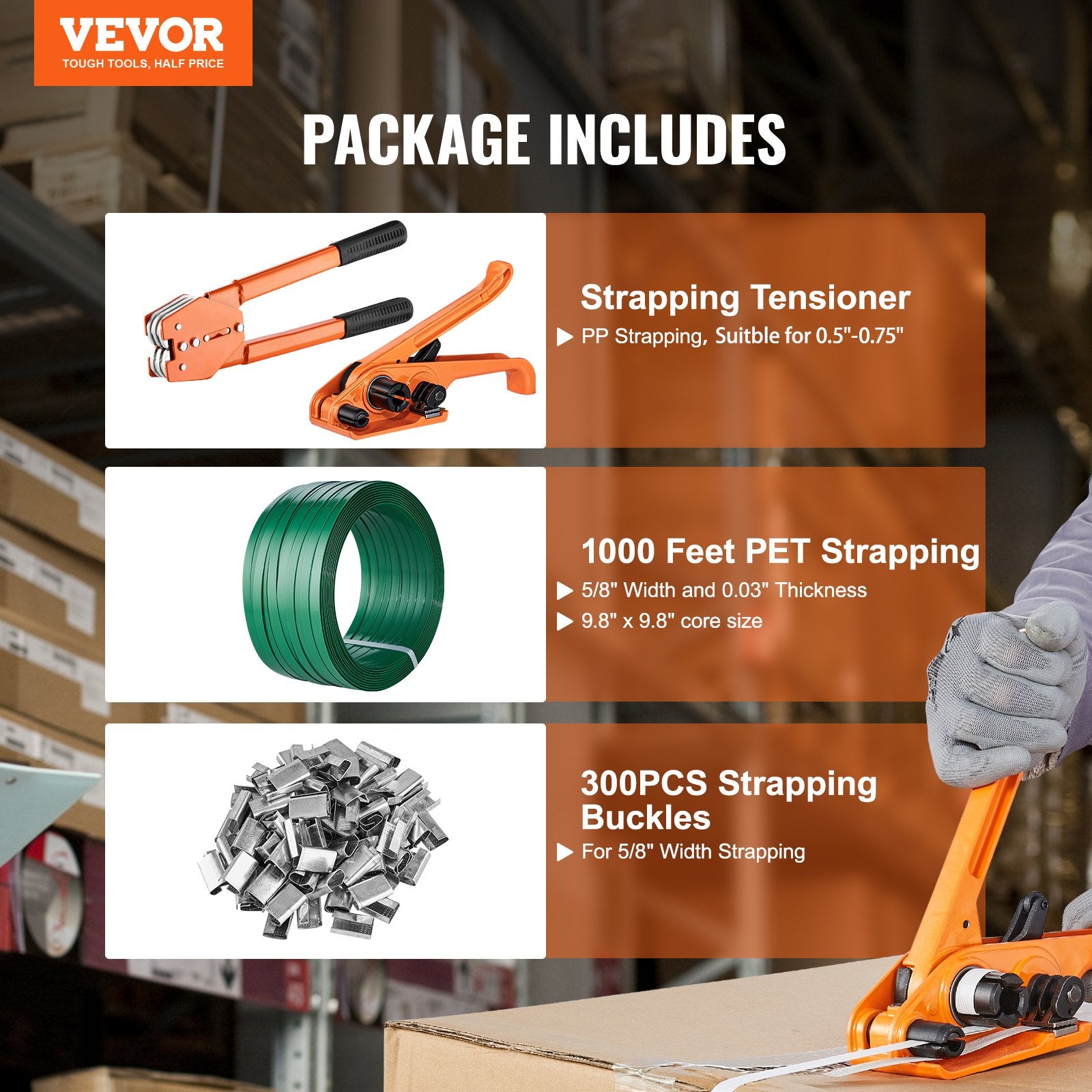 Banding Strapping Kit with Strapping Tensioner Tool, Banding Sealer Tool, 300 m Length PET Band, 300 Metal V952-PETDKZTJ300MT0YJ7V0
