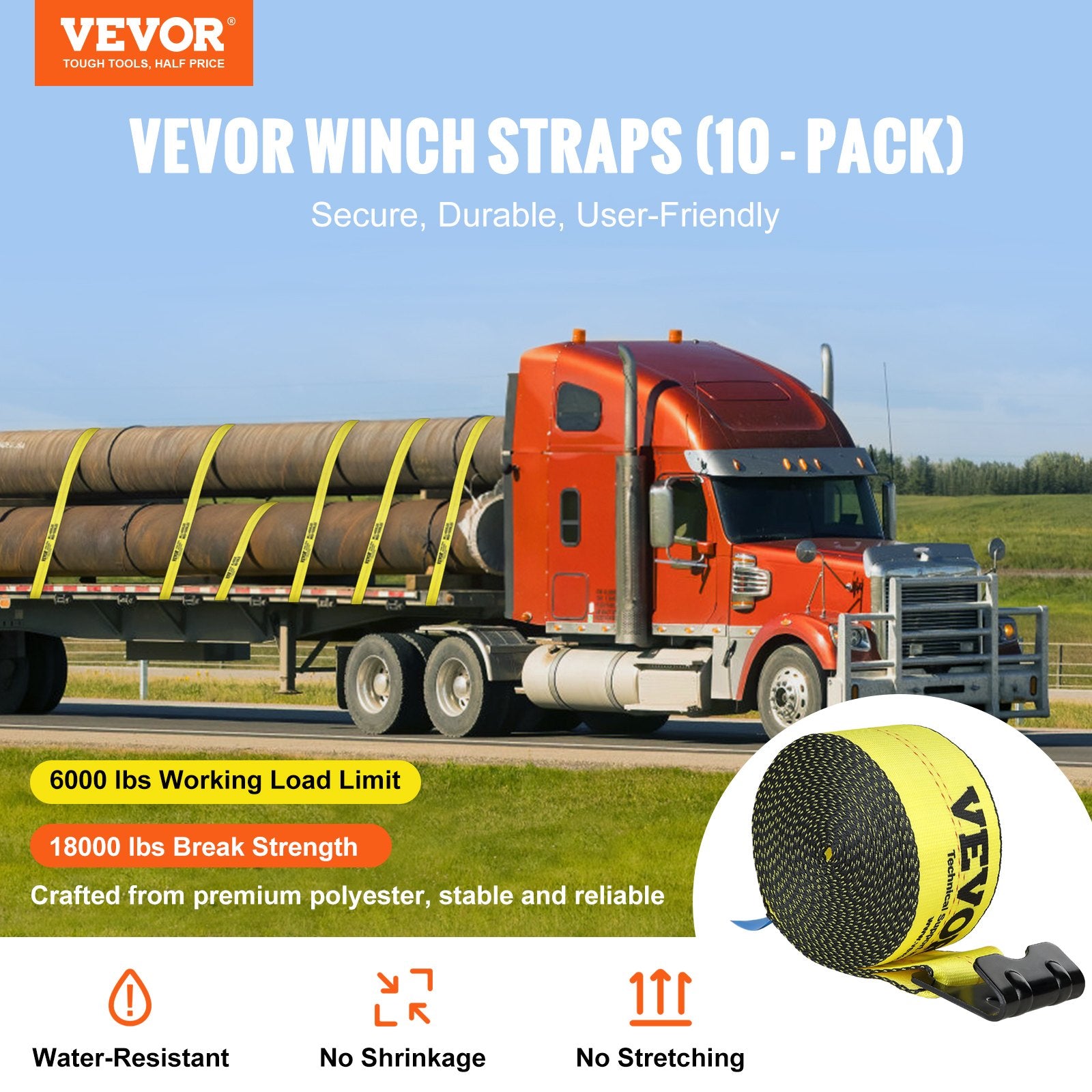 Winch Straps, 10.2 cm x 9.1 m, 2.7T Load Capacity, 8.2T Break Strength, Truck Straps with Flat Hook, Flatbed V952-PGJPDHS4INCH3QVCJV0