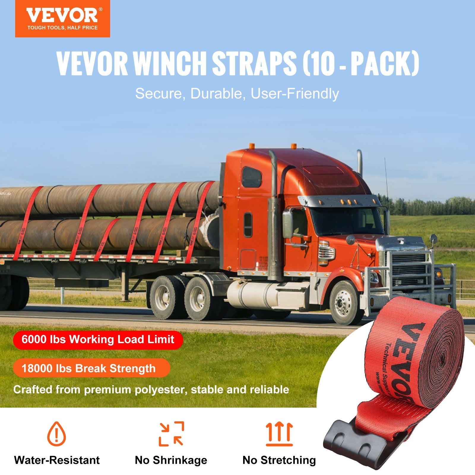 Winch Straps, 10.2 cm x 9.1 m, 2.7T Load Capacity, 8.2T Breaking Strength, Truck Straps with Flat Hook, V952-PGJPDHS4INCH3T7LFV0