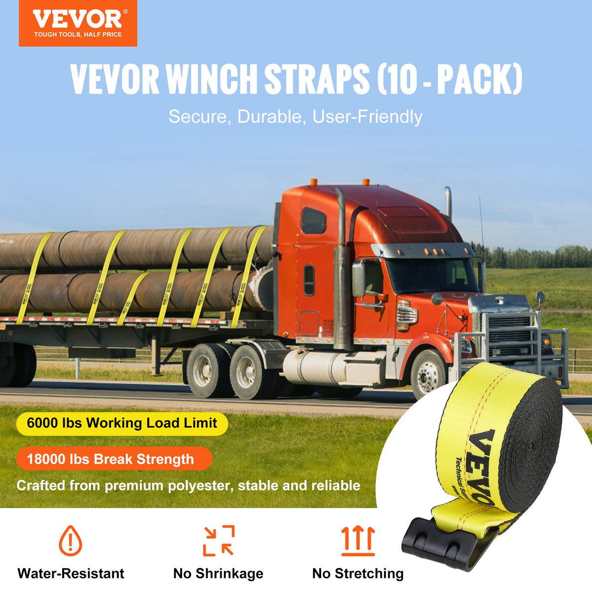 Winch Straps, 10.2 cm x 12.2 m, 2.7T Load Capacity, 8.2T Break Strength, Truck Straps with Flat Hook, Flatbed V952-PGJPDHS4INCH4XSZKV0