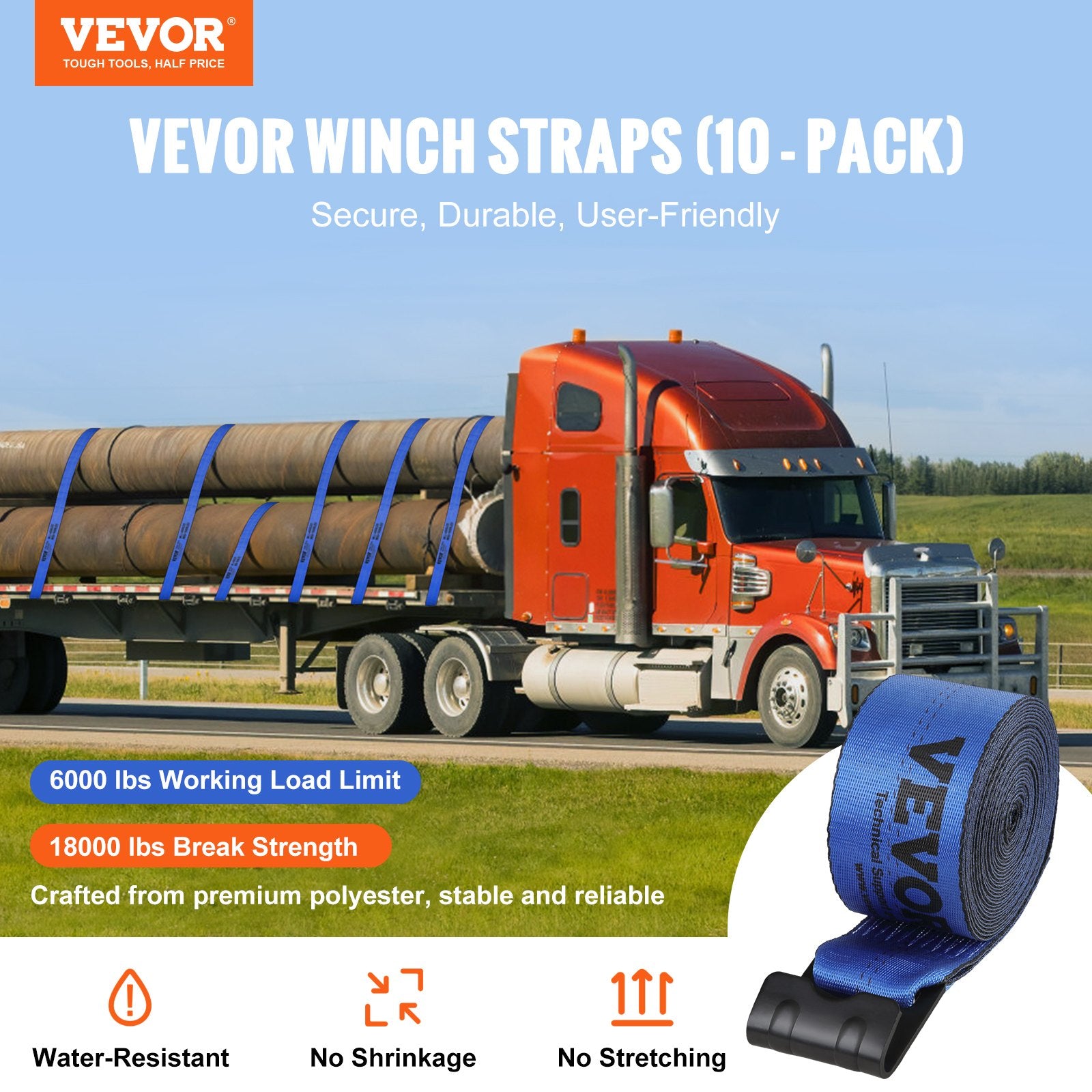 Winch Straps, 10.2 cm x 9.1 m, 2.7T Load Capacity, 8.2T Breaking Strength, Truck Straps with Flat Hook, V952-PGJPDLS4INCH3LGJKV0