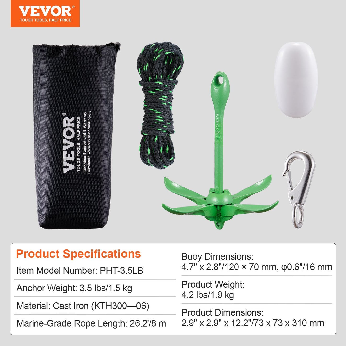 Kayak Anchor Kit, 3.5 lb Paddle Board Anchor Kit with 26.2 ft/8 m Rope and Buoy, Folding Small Boat Anchor V952-PHTMYJTPSG35NCT7KV0