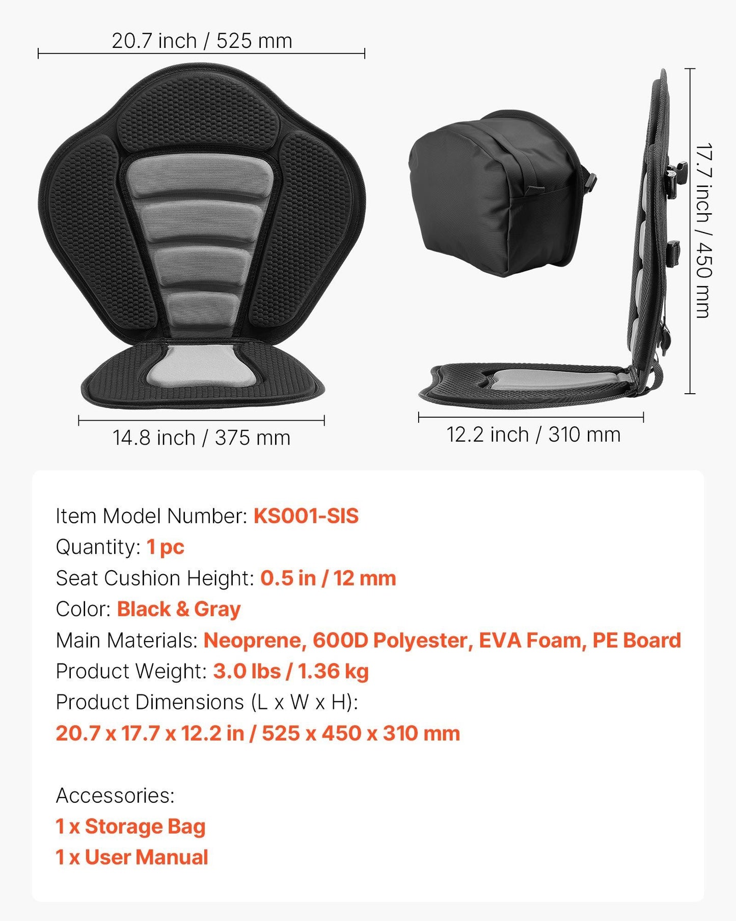 Kayak Seat, 1 Pack 12 mm Thick, Universal Paddle Board Seat with Back Support, Sit-on-Top Soft Padded Cushion V952-PHTRZYEVAPMJEN4JO001V0