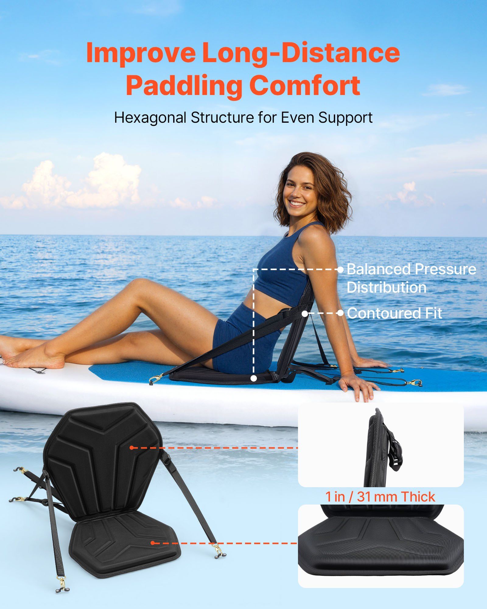 Kayak Seat, 1 Pack 31 mm Thick, Universal Paddle Board Seat with Back Support, Hexagonal Sit-on-Top Soft V952-PHTRZYEVAPMJFVEJE001V0