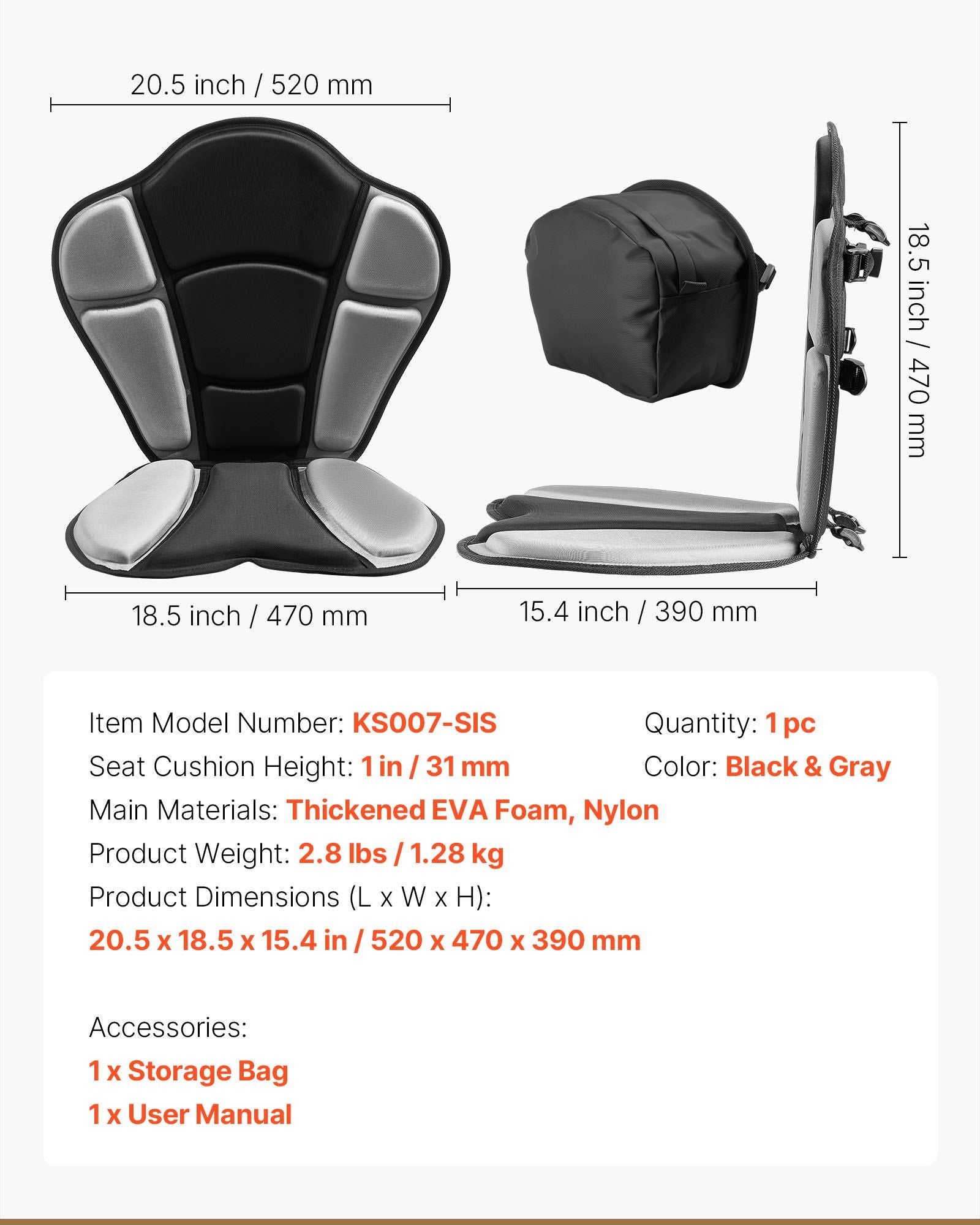 Kayak Seat, 1 Pack 31 mm Thick, Universal Paddle Board Seat with Back Support, Sit-on-Top Soft Padded Cushion V952-PHTRZYEVAPMJZT0F7001V0