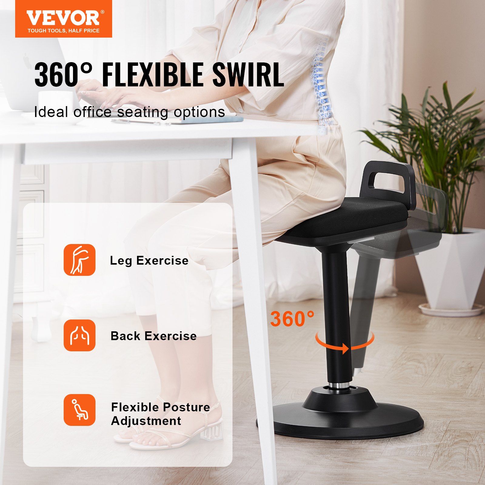 Active Chair with Handle, Height-Adjustable (24.6-34.4") Wobble Chair Made of Elastic Fabric & 45 mm Foam, V952-PHZDZYXWHJGGF89KTV0
