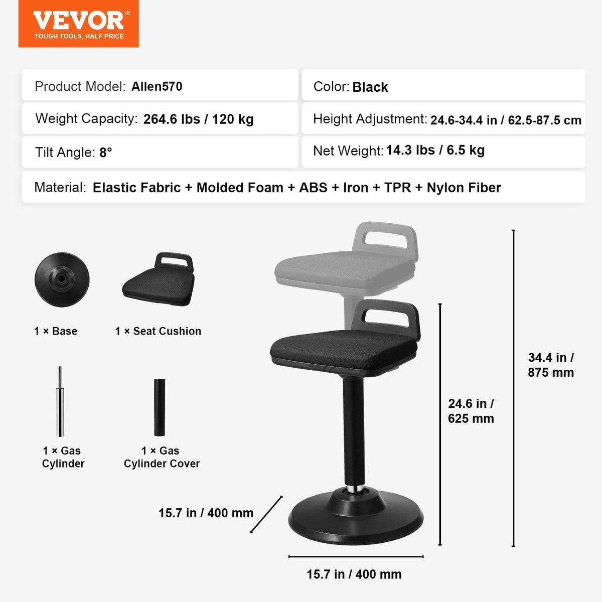 Active Chair with Handle, Height-Adjustable (24.6-34.4") Wobble Chair Made of Elastic Fabric & 45 mm Foam, V952-PHZDZYXWHJGGF89KTV0