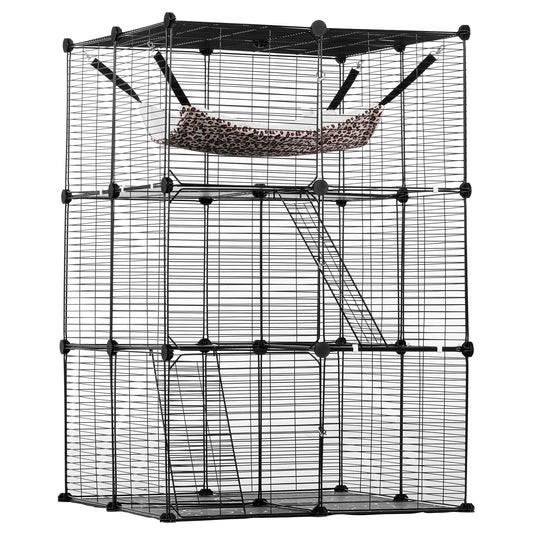 Large 3-tier Cat Cage, 28 x 28 x 41", DIY Detachable Metal Wire Durable Cat Enclosure, with Large Hammock 2 V952-PJSMBSL28W281ORKFV0