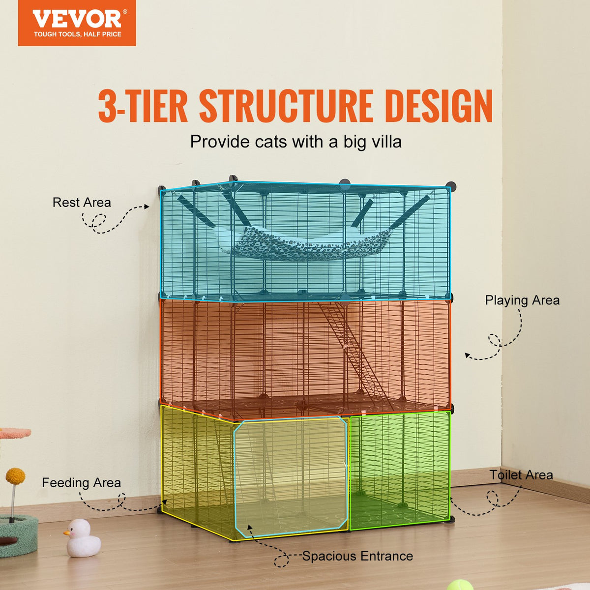 Large 3-tier Cat Cage, 28 x 28 x 41", DIY Detachable Metal Wire Durable Cat Enclosure, with Large Hammock 2 V952-PJSMBSL28W281ORKFV0