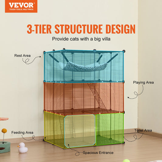 Large 3-tier Cat Cage, 28 x 28 x 41", DIY Detachable Metal Wire Durable Cat Enclosure, with Large Hammock 2 V952-PJSMBSL28W281ORKFV0