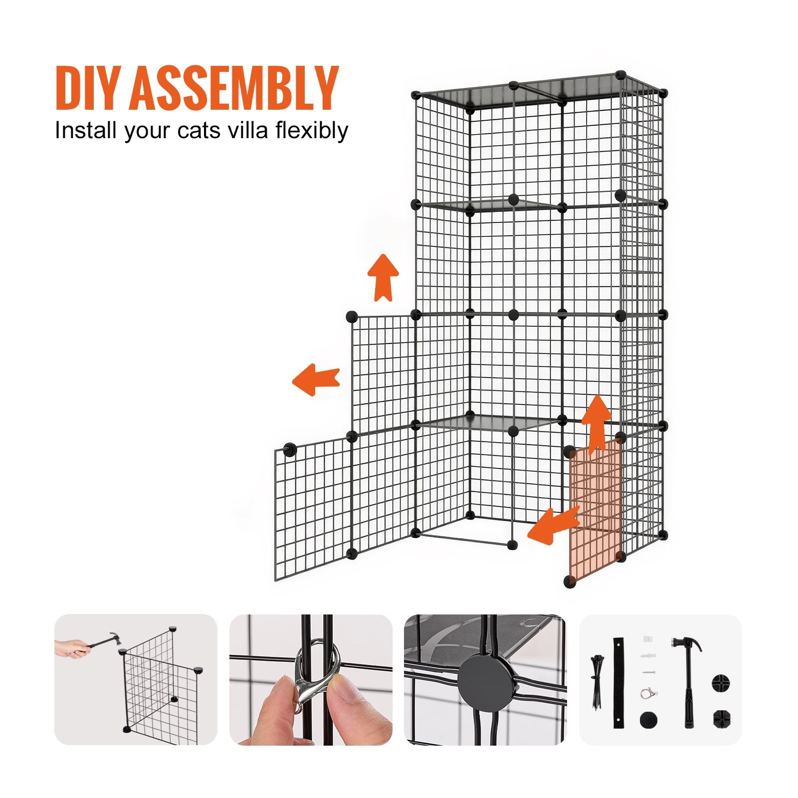 Large 3-tier Cat Cage, 28 x 28 x 41", DIY Detachable Metal Wire Durable Cat Enclosure, with Large Hammock 2 V952-PJSMBSL28W281ORKFV0