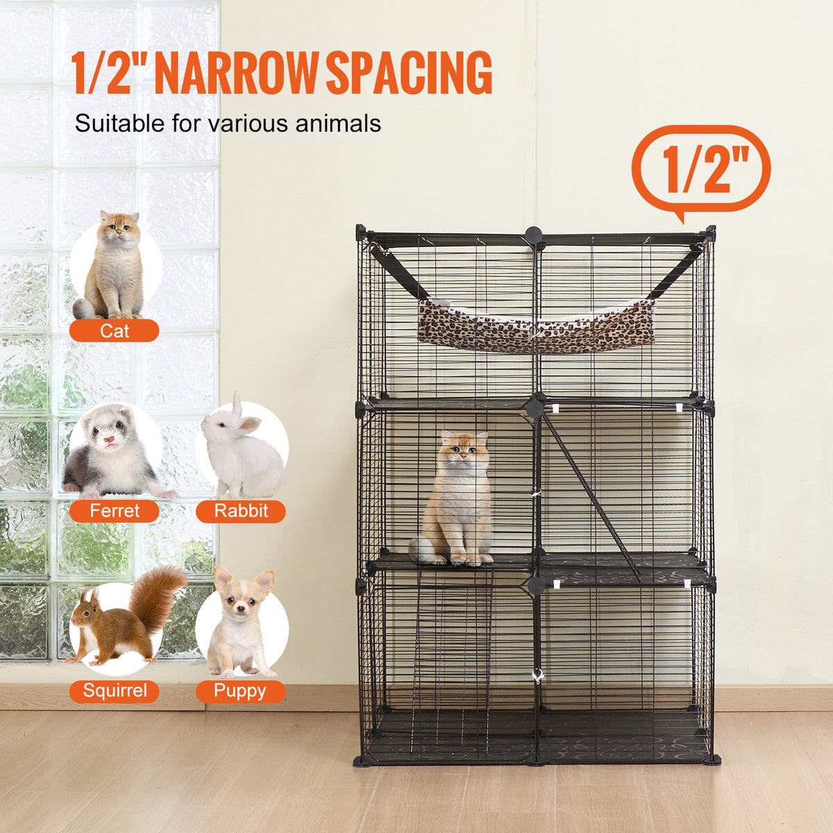 Large 3-tier Cat Cage, 28 x 28 x 41", DIY Detachable Metal Wire Durable Cat Enclosure, with Large Hammock 2 V952-PJSMBSL28W281ORKFV0
