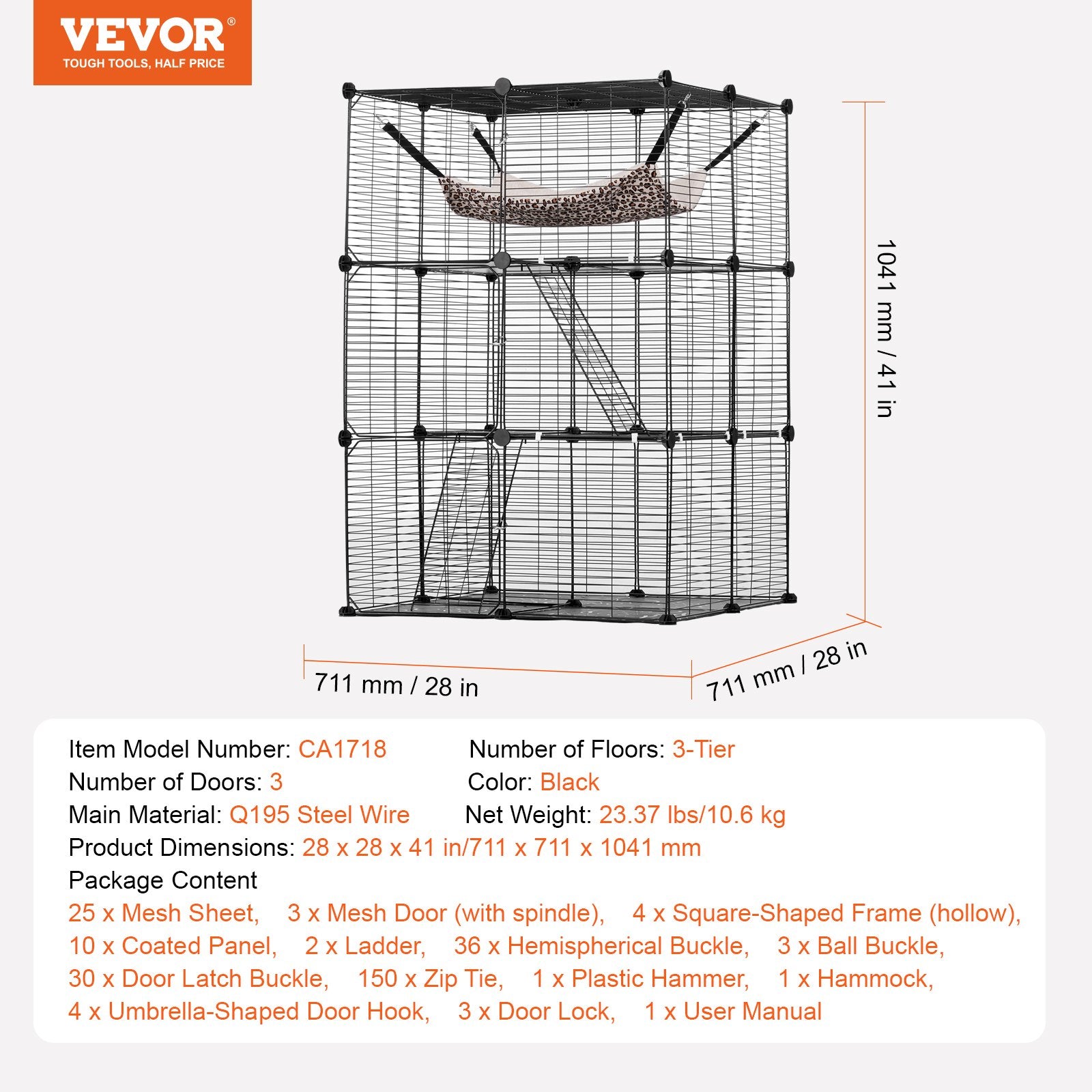 Large 3-tier Cat Cage, 28 x 28 x 41", DIY Detachable Metal Wire Durable Cat Enclosure, with Large Hammock 2 V952-PJSMBSL28W281ORKFV0