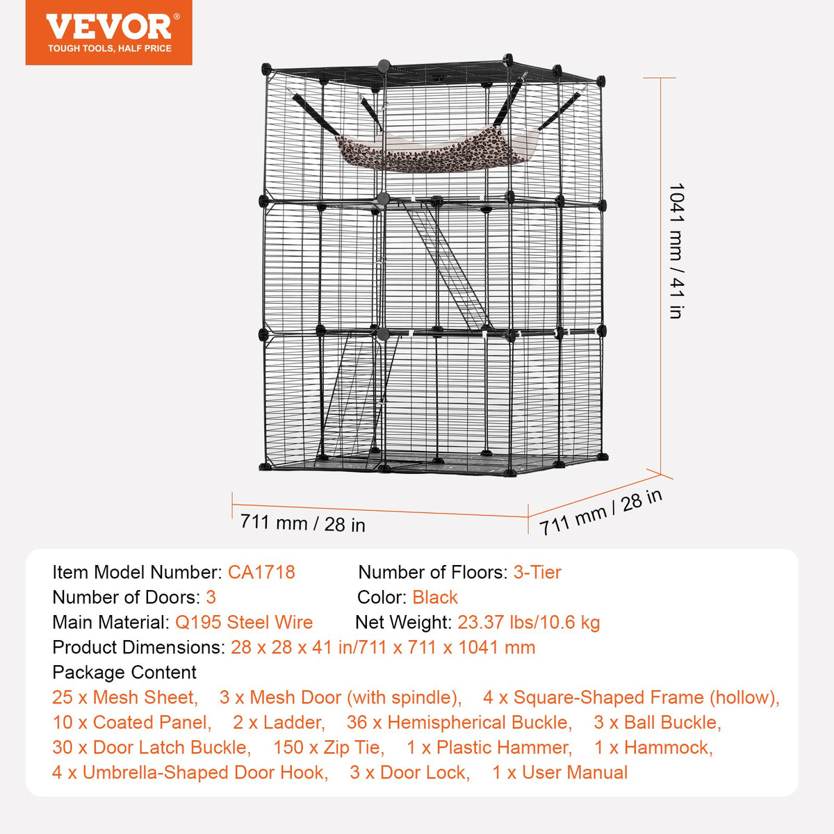Large 3-tier Cat Cage, 28 x 28 x 41", DIY Detachable Metal Wire Durable Cat Enclosure, with Large Hammock 2 V952-PJSMBSL28W281ORKFV0