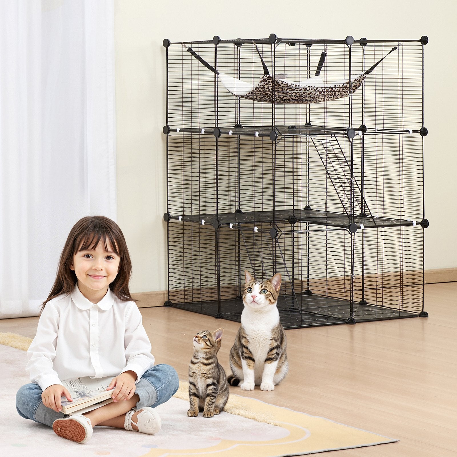 Large 3-tier Cat Cage, 28 x 28 x 41", DIY Detachable Metal Wire Durable Cat Enclosure, with Large Hammock 2 V952-PJSMBSL28W281ORKFV0
