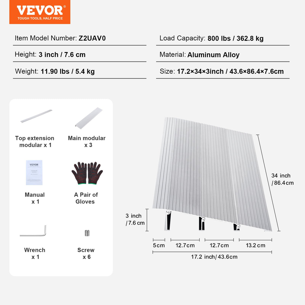 Door Threshold Ramp, 3" Rise, 800 lbs Load Capacity, Door Ramp for Wheelchairs, Aluminum Threshold Ramp for V952-PJSMJLPD3YC76Z2UAV0