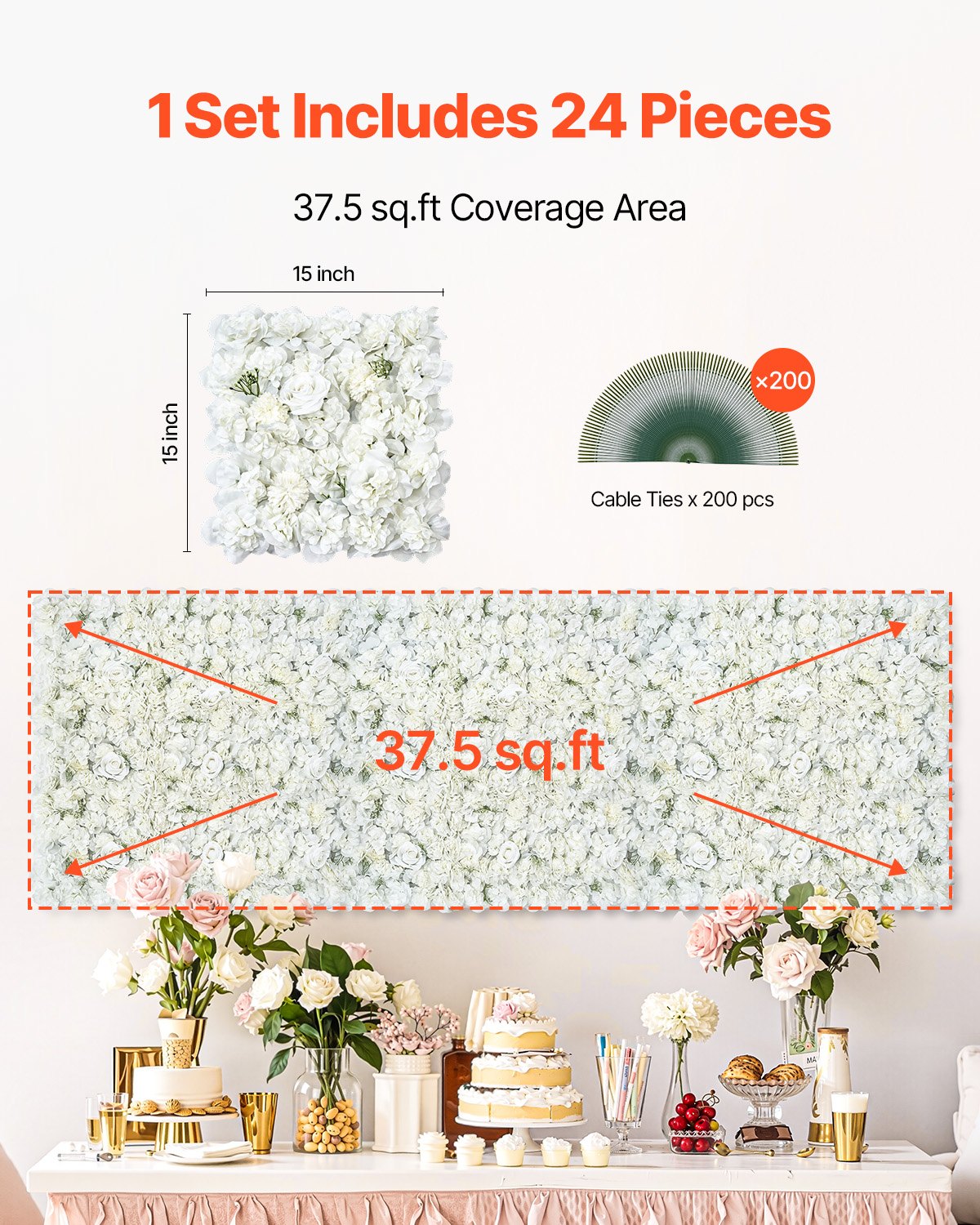 3D Flower Wall Panel, 24 PCS 15 x 15 inch, Artificial Floral Wall Background Mesh Backing Mat,Seamless V952-PJSRZZWQ24PCRIA85V0