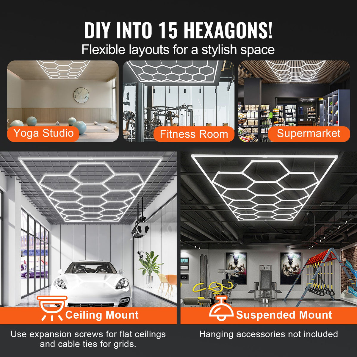Hexagon Garage Lights 66300LM 15 Grids Honeycomb LED Shop Ceiling Light V952-PJXCKDBSLBX6VPB5YV3