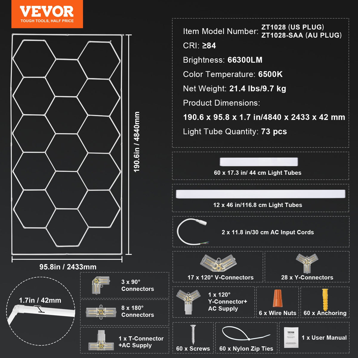 Hexagon Garage Lights 66300LM 15 Grids Honeycomb LED Shop Ceiling Light V952-PJXCKDBSLBX6VPB5YV3