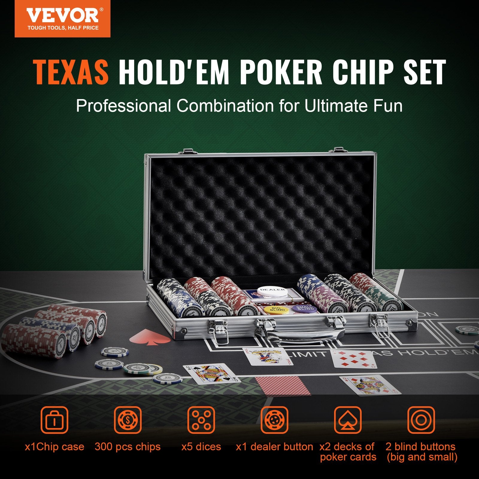 Poker Chip Set, 300-Piece Poker Set, Complete Poker Playing Game Set with Aluminum Carrying Case, 11.5 Gram V952-PKCMTZPS300GWDWOVV0