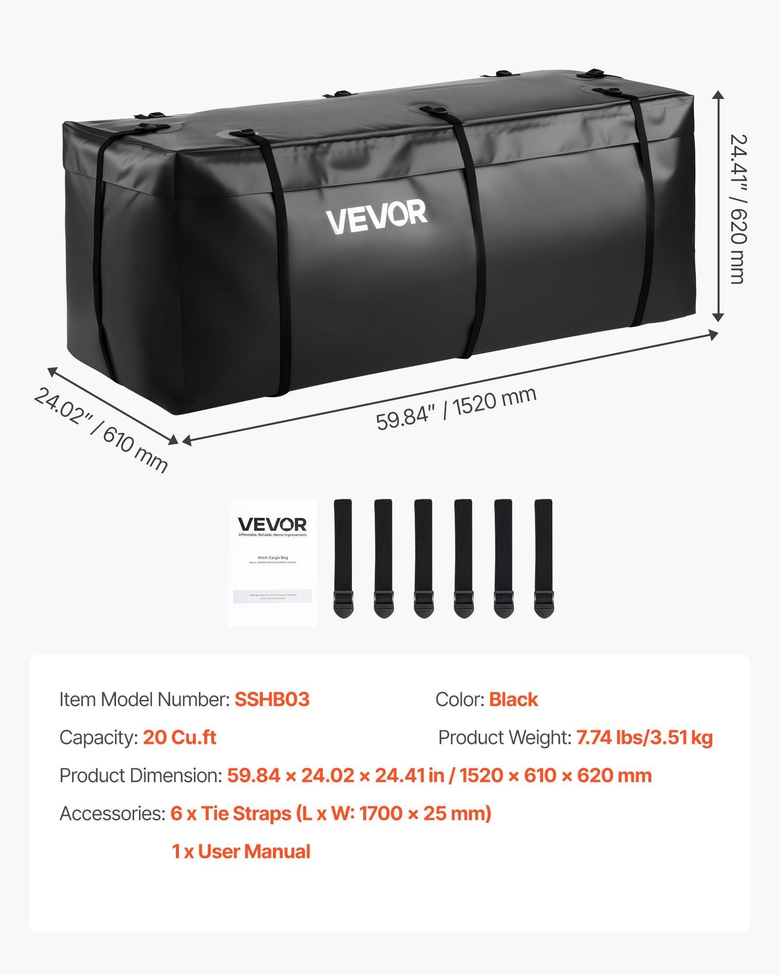 Hitch Cargo Carrier Bag, Waterproof 840D PVC, 152 x 61 x 62 cm (20 Cubic Feet), Heavy Duty Cargo Bag for V952-PKHB20CUFTDPUBWDQ001V0