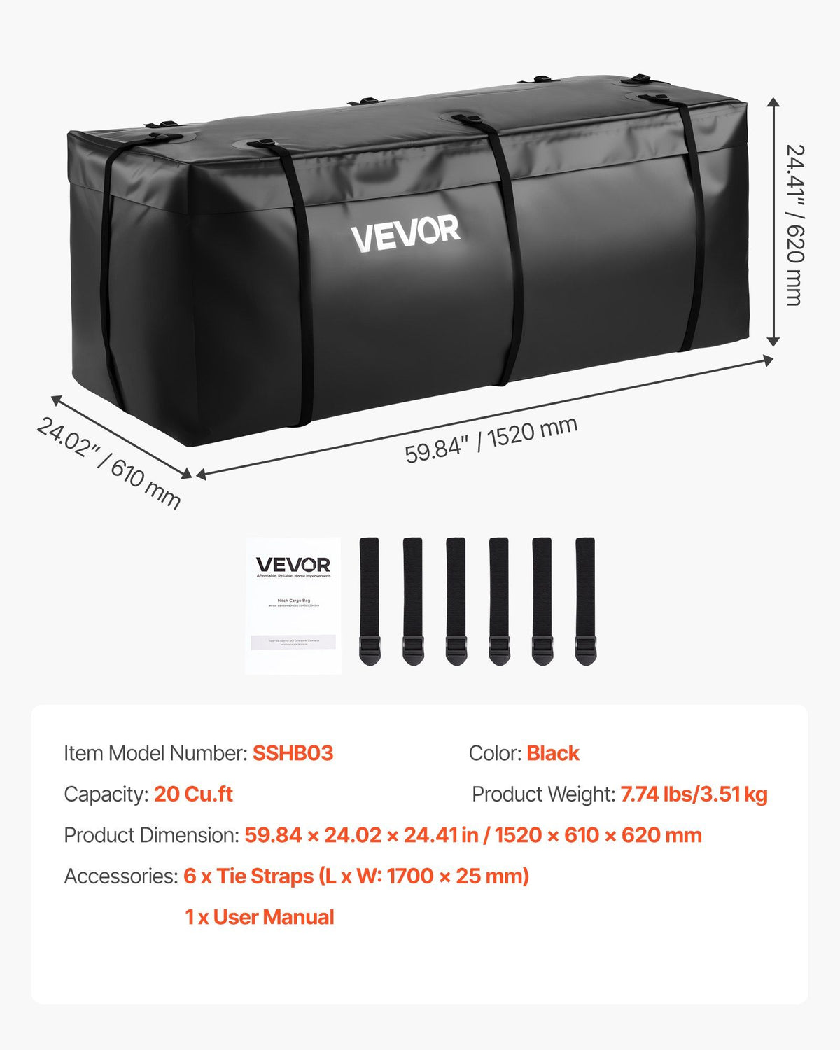 Hitch Cargo Carrier Bag, Waterproof 840D PVC, 152 x 61 x 62 cm (20 Cubic Feet), Heavy Duty Cargo Bag for V952-PKHB20CUFTDPUBWDQ001V0