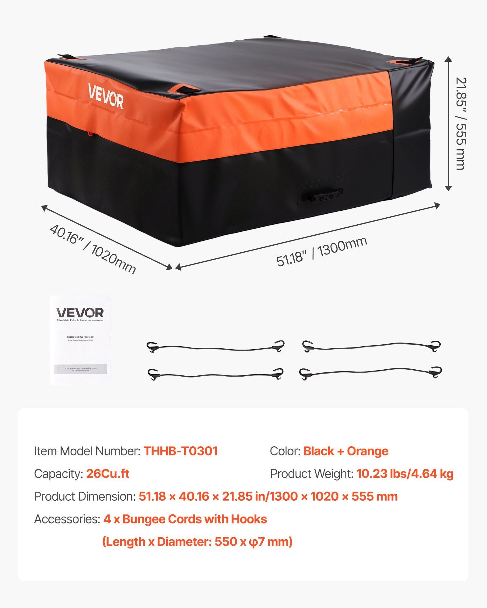 Truck Bed Cargo Bag, Waterproof 840D PVC, 130 x 102 x 55.5 cm (26 Cubic Feet), Heavy Duty Cargo Bag for Truck V952-PKHB26CUFTDPX36JZ001V0
