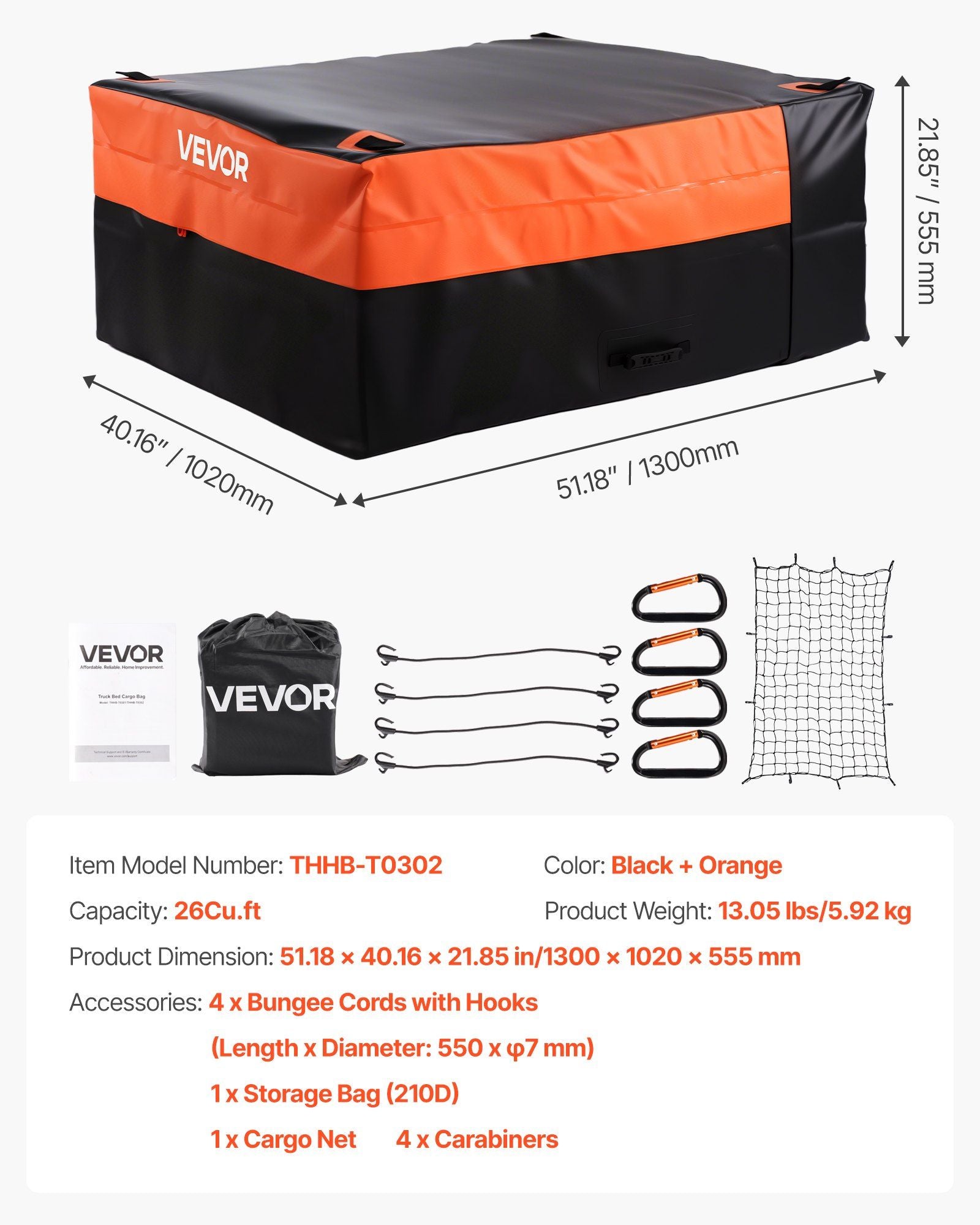 Truck Bed Cargo Bag, Waterproof 840D PVC, 130 x 102 x 55.5 cm (26 Cu. ft), Heavy Duty Cargo Bag for Truck Bed V952-PKHB26CUFTGPBQG25001V0