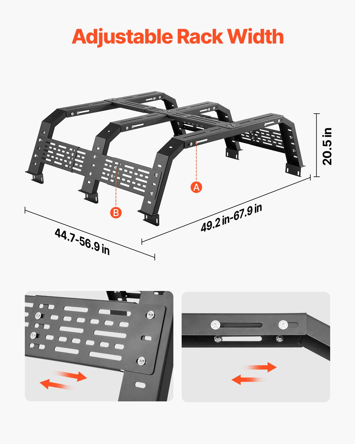 Overland Truck Bed Rack, 125-172.5 cm Width, Adjustable Overland Bed Cargo Rack with Sidebar, 408.2 kg Static V952-PKHJGGKHJGDCS90NFV0