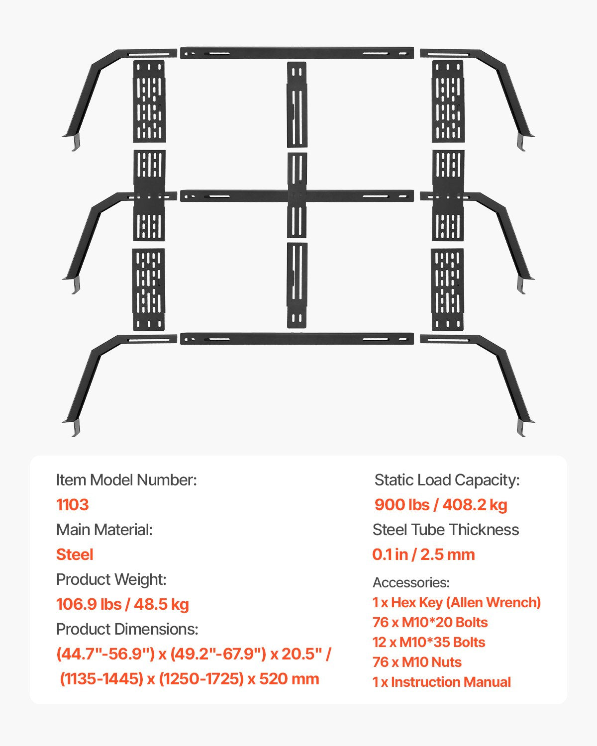 Overland Truck Bed Rack, 125-172.5 cm Width, Adjustable Overland Bed Cargo Rack with Sidebar, 408.2 kg Static V952-PKHJGGKHJGDCS90NFV0