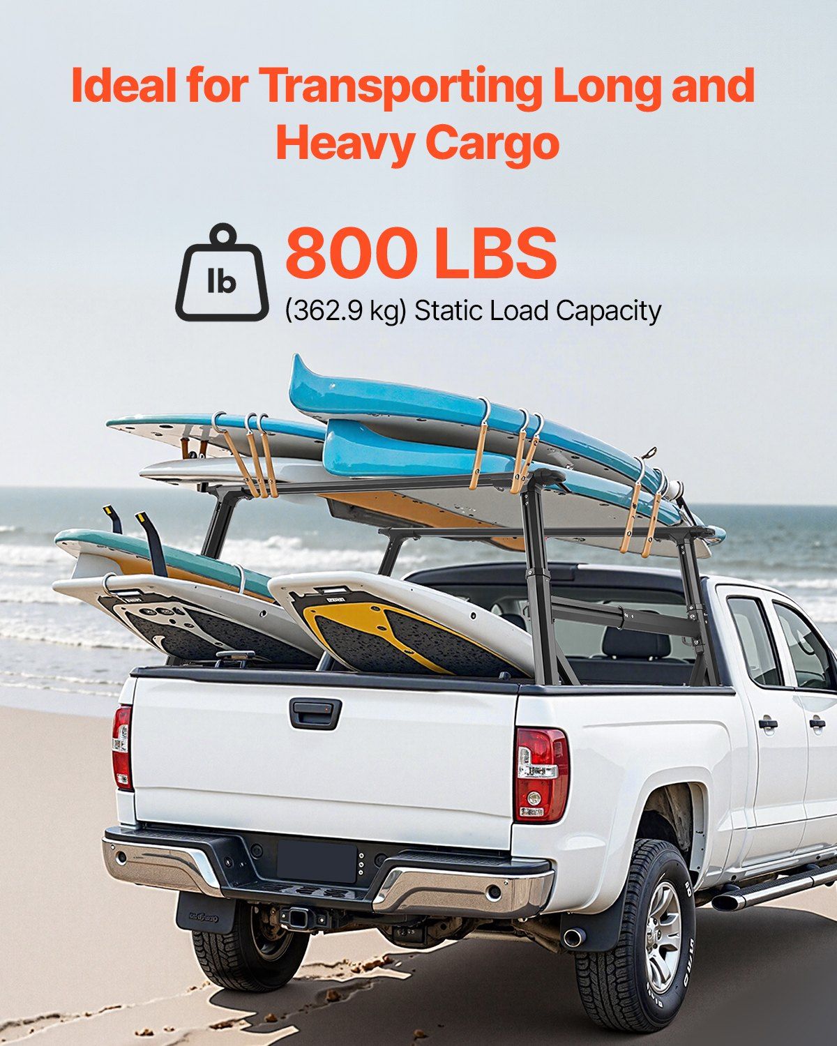 Truck Ladder Rack, 53.3-80.01 cm Height, Adjustable Non-Drilling Aluminum Cargo Rack with Sidebar, 362.9 kg V952-PKHJTJKLDCBKLL6NPV0