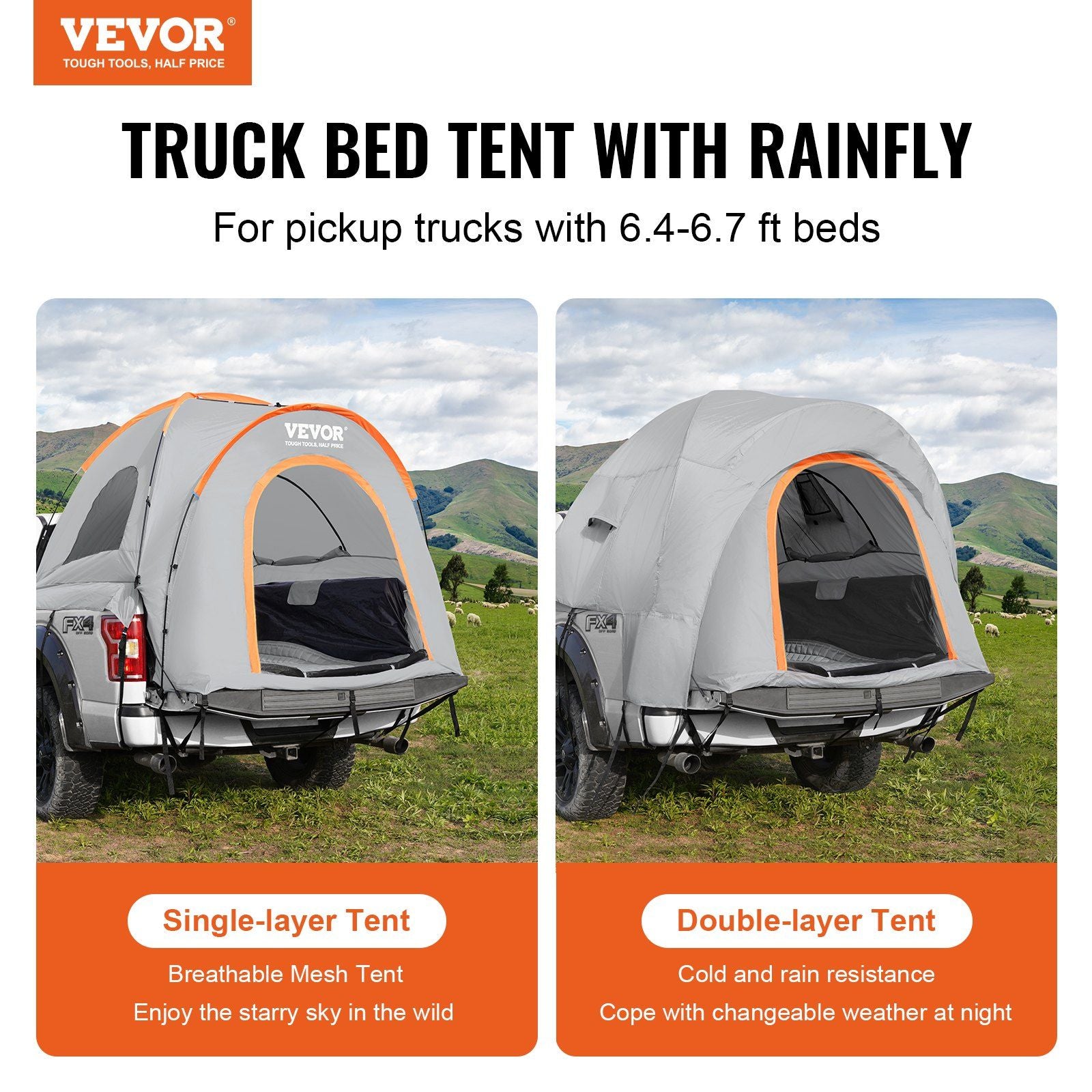 Truck Bed Tent, 6.4'-6.7' Pickup Truck Tent with Rain Layer and Carry Bag, Waterproof PU2000mm Double Layer V952-PKZP558640670J3L0V0