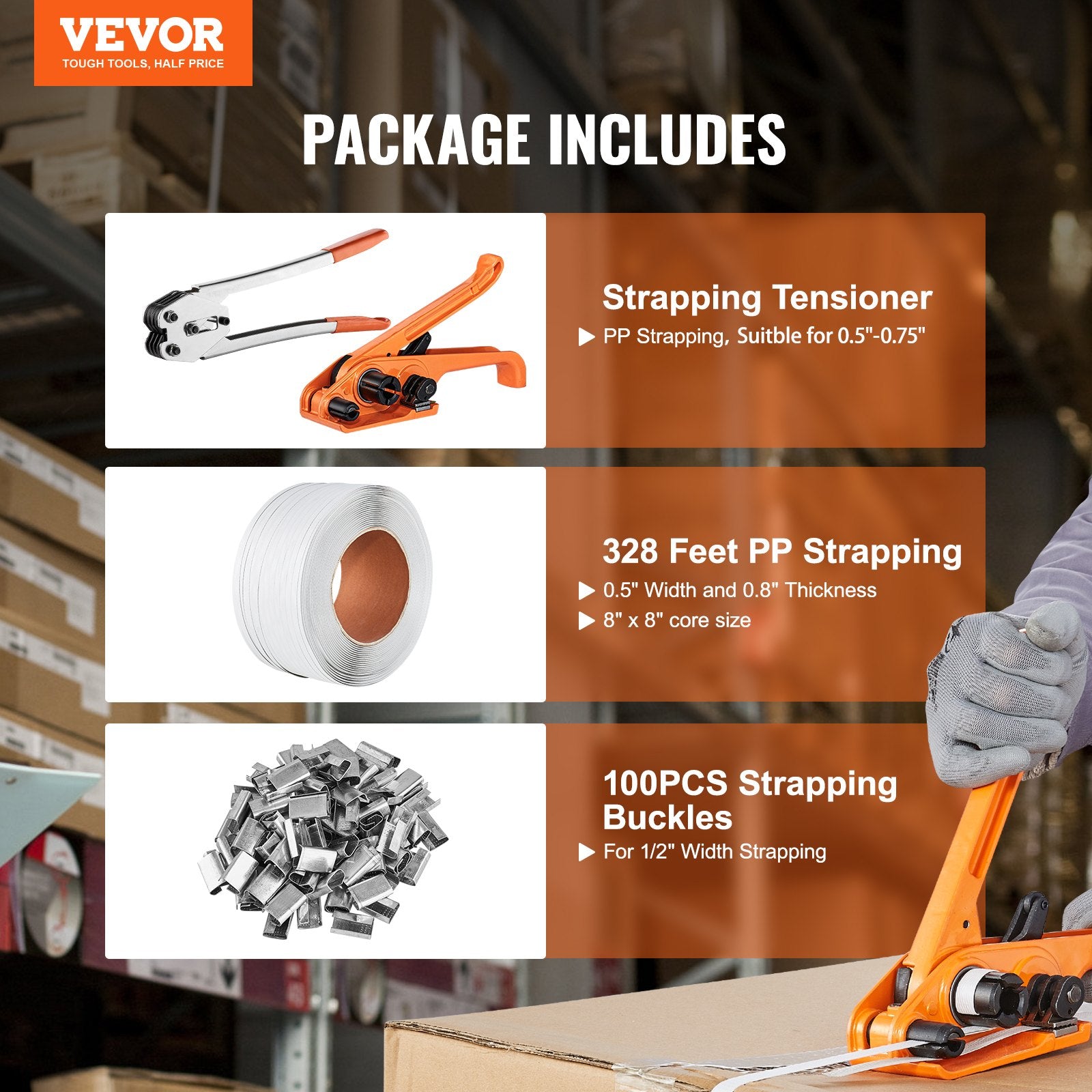 Banding Strapping Kit with Strapping Tensioner Tool, Banding Sealer Tool, 100 m Length PP Band, 100 Metal V952-PPDKZTJ100M1WBWTQV0