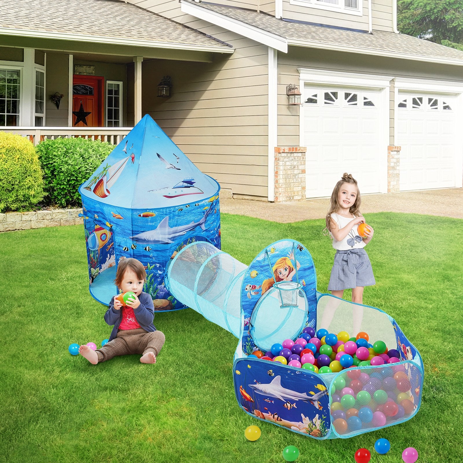 3 in 1 Kids Play Tent with Tunnel, Basketball Hoop for Boys, Girls, Babies and Toddlers, Indoor/Outdoor Pop V952-PPSDZPX3DHY0ON54XV0