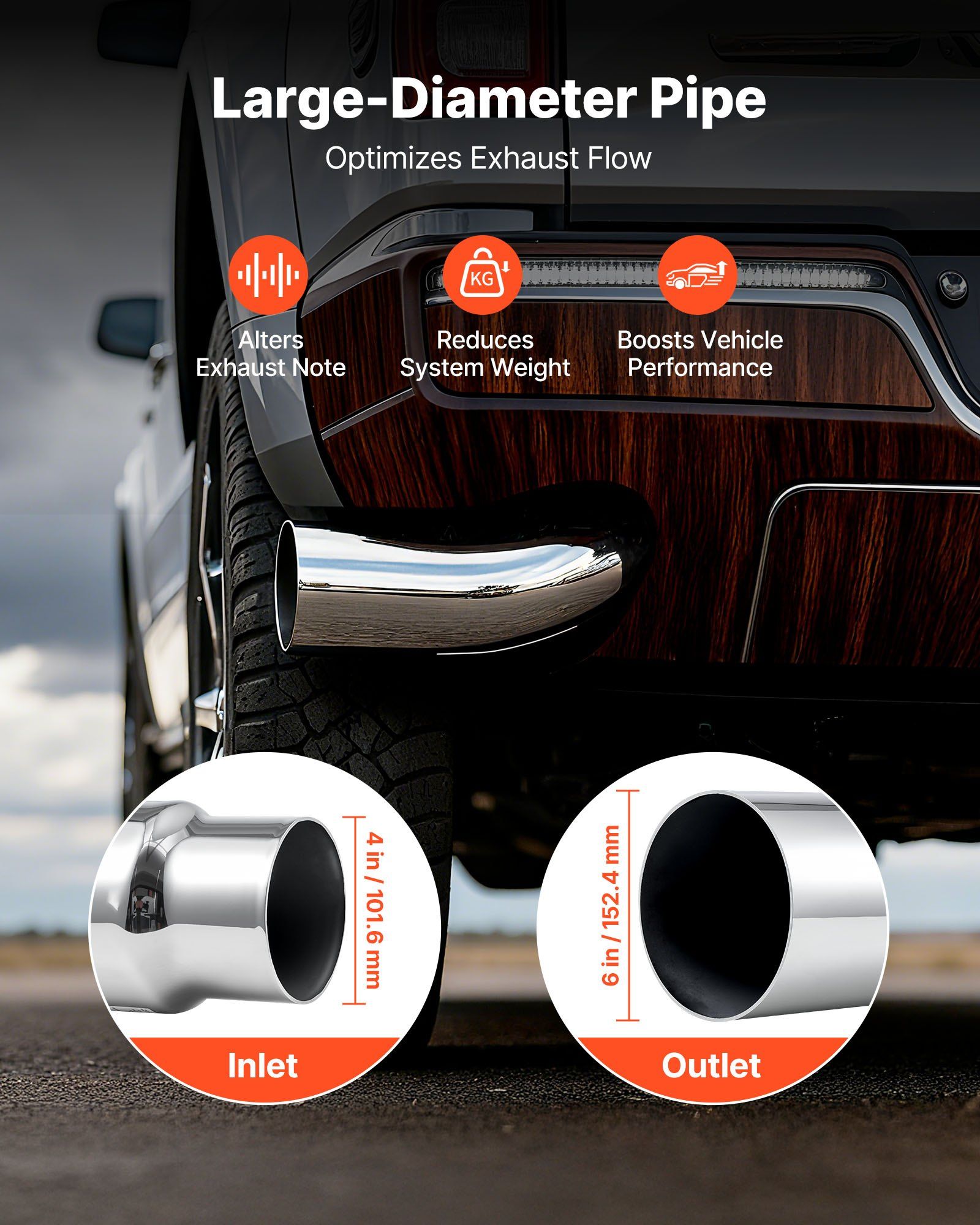 Elbow Exhaust Tip, 101.6mm Inlet, 152.4mm Outlet, 584mm Overall Length, Chrome Turn Down Exhaust Tip with V952-PQWGZWGRK4IN0RPH2001V0