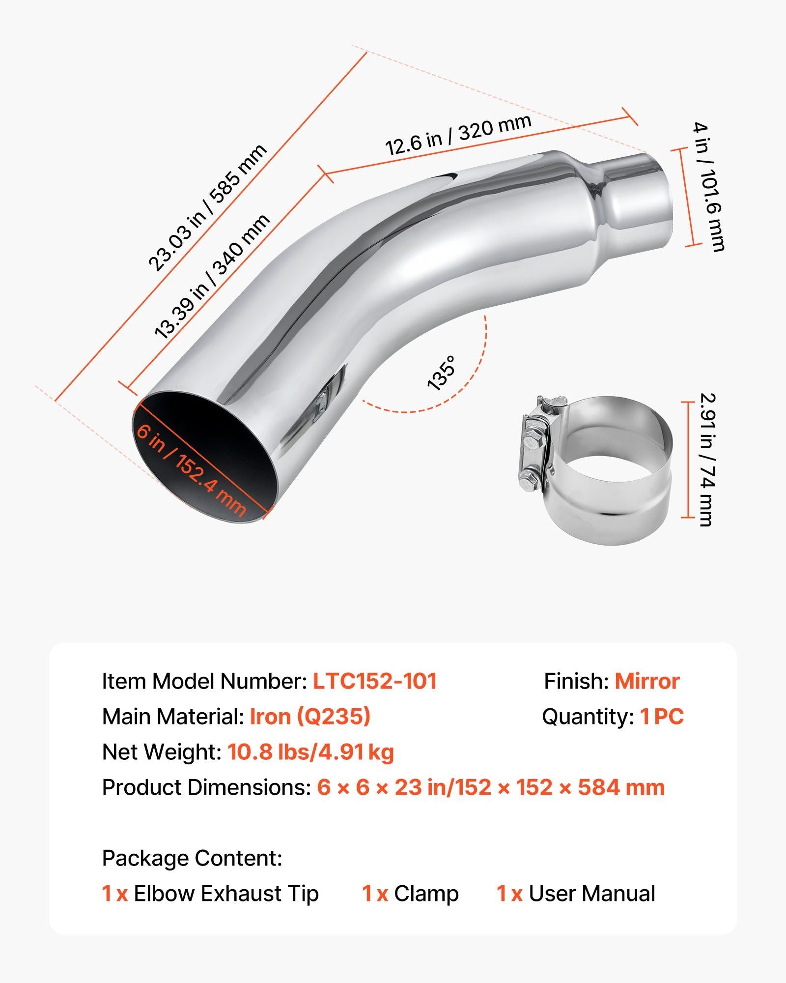 Elbow Exhaust Tip, 101.6mm Inlet, 152.4mm Outlet, 584mm Overall Length, Chrome Turn Down Exhaust Tip with V952-PQWGZWGRK4IN0RPH2001V0