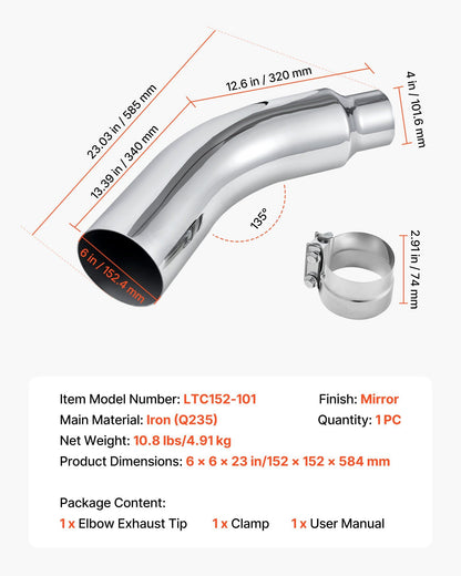 Elbow Exhaust Tip, 101.6mm Inlet, 152.4mm Outlet, 584mm Overall Length, Chrome Turn Down Exhaust Tip with V952-PQWGZWGRK4IN0RPH2001V0