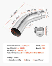 Elbow Exhaust Tip, 127mm Inlet, 152.4mm Outlet, 584mm Overall Length, Chrome Turn Down Exhaust Tip with Clamp V952-PQWGZWGRK5INWJ6MB001V0