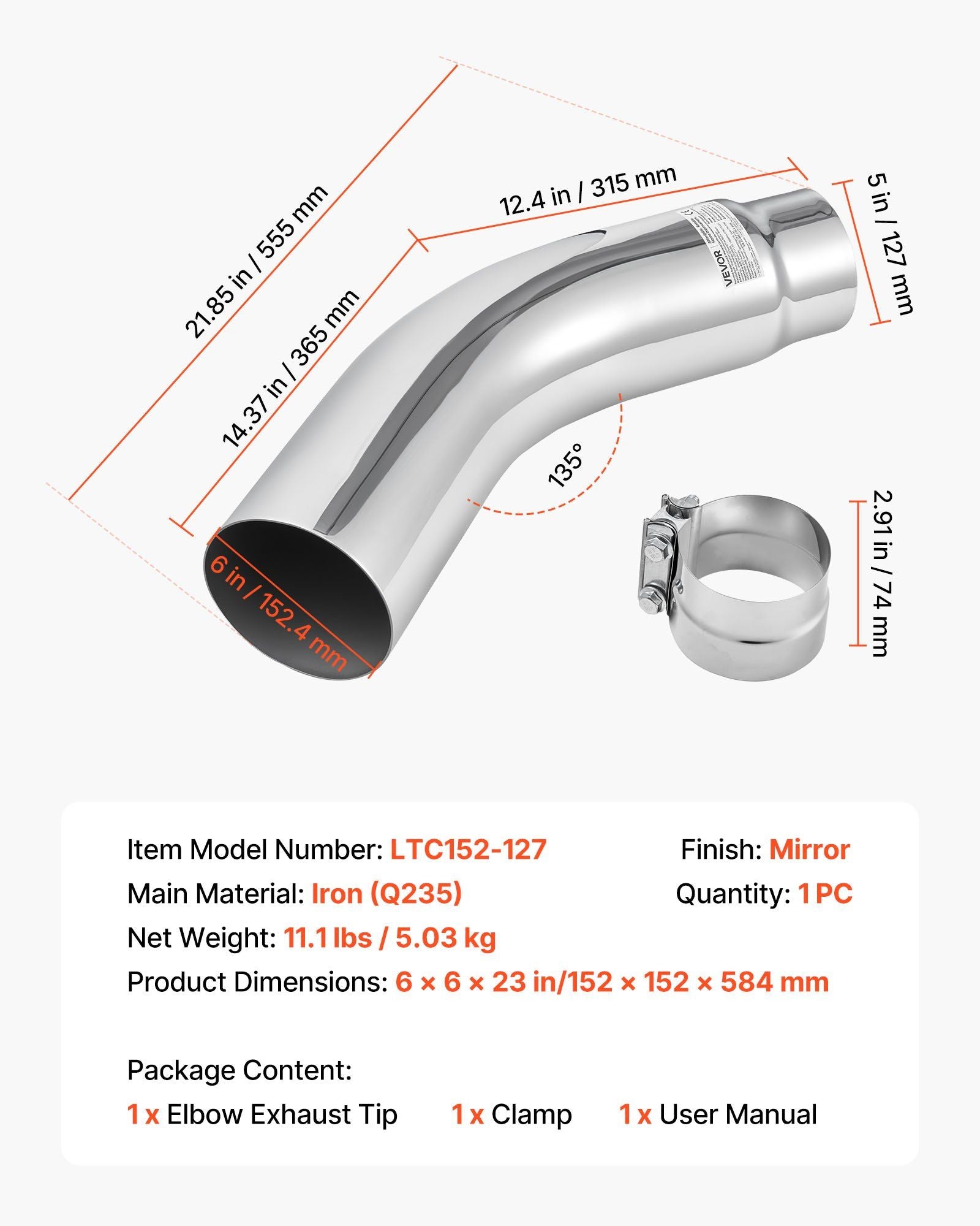 Elbow Exhaust Tip, 127mm Inlet, 152.4mm Outlet, 584mm Overall Length, Chrome Turn Down Exhaust Tip with Clamp V952-PQWGZWGRK5INWJ6MB001V0