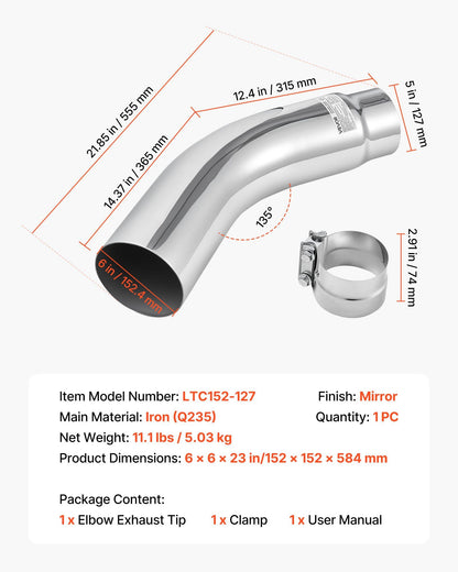 Elbow Exhaust Tip, 127mm Inlet, 152.4mm Outlet, 584mm Overall Length, Chrome Turn Down Exhaust Tip with Clamp V952-PQWGZWGRK5INWJ6MB001V0
