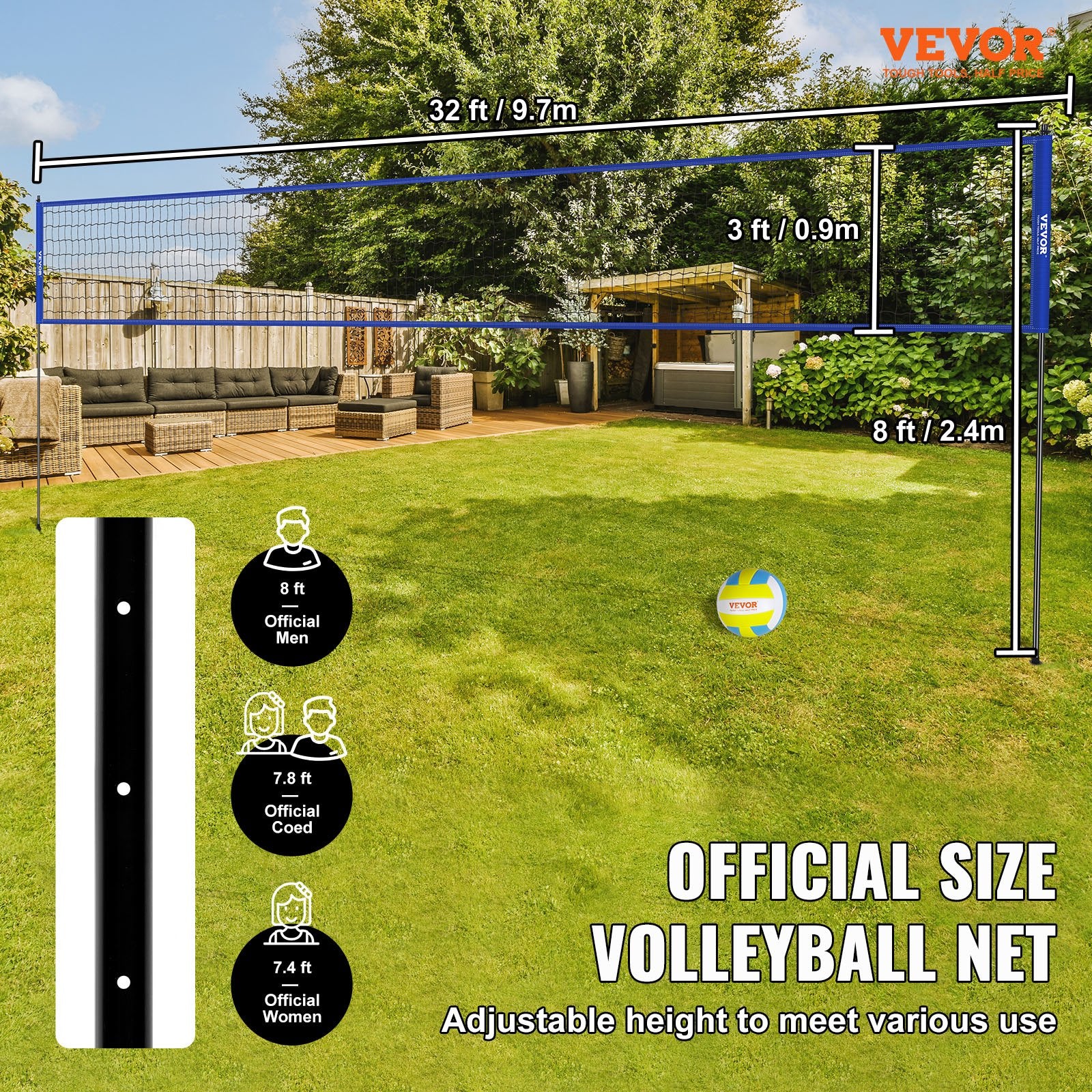 Outdoor Portable Volleyball Net System, Adjustable Height Steel Poles, Professional Volleyball Set with PVC V952-PQWTZ323YCGGF6Y0EV0