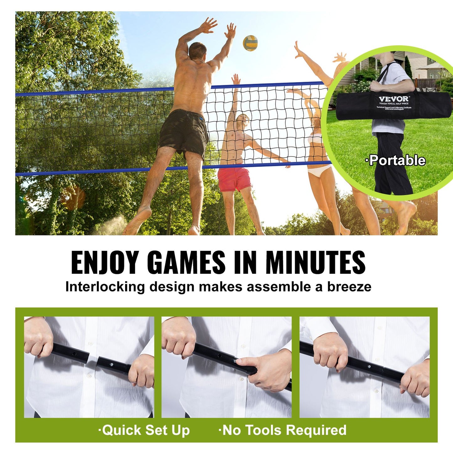 Outdoor Portable Volleyball Net System, Adjustable Height Steel Poles, Professional Volleyball Set with PVC V952-PQWTZ323YCGGF6Y0EV0