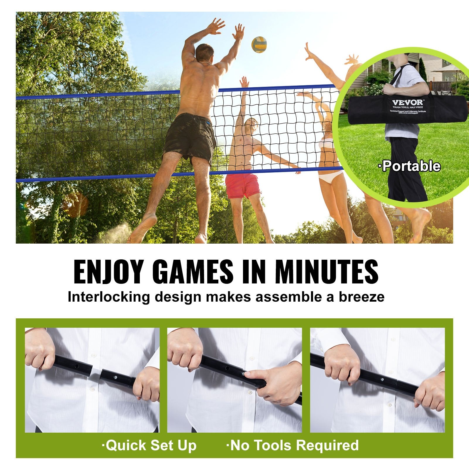 Outdoor Portable Volleyball Net System, Adjustable Height Steel Poles, Professional Volleyball Set with PVC V952-PQWTZ323YCGGF6Y0EV0